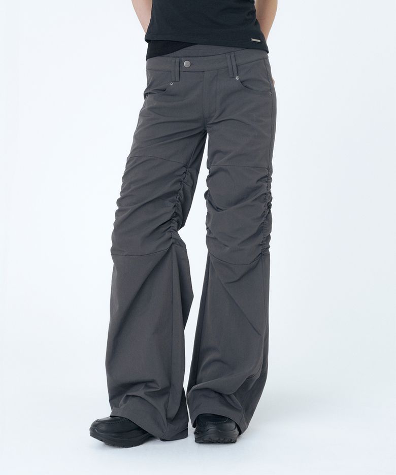 Ribbed layered shirring pants CHARCOAL