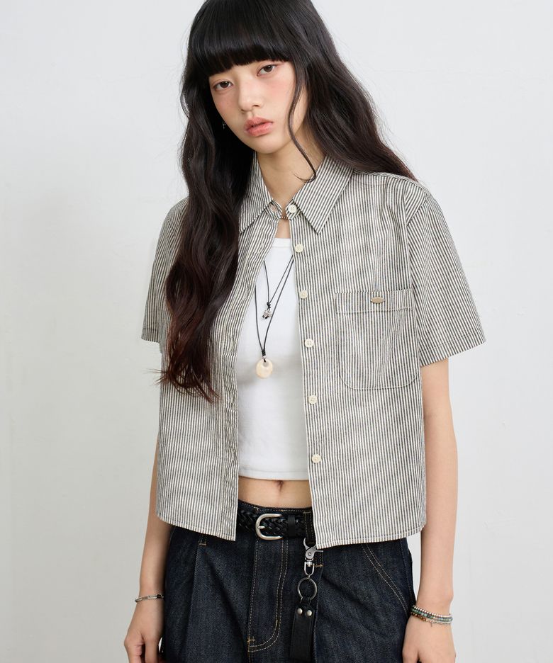 틸티드 원 포켓 스트라이프 하프 셔츠_블랙