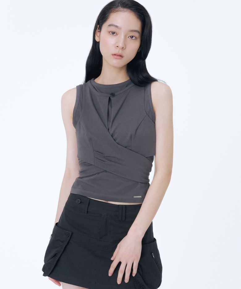 Tie-up layered sleeveless CHARCOAL