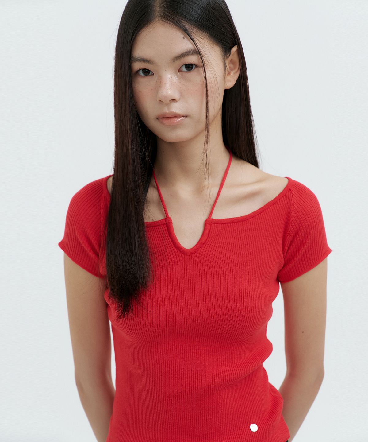 루시르주(LUCIR ZU) Strap Neck Ribbed Knit Top (red)
