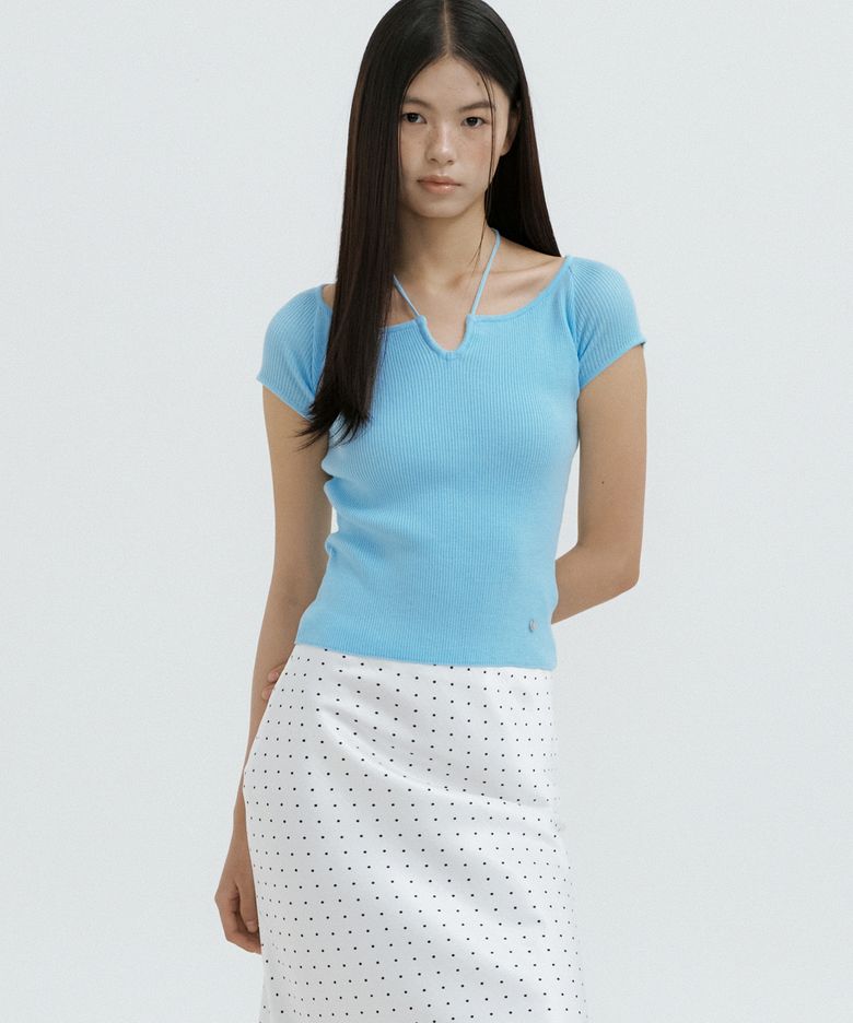 Strap Neck Ribbed Knit Top (sky blue)