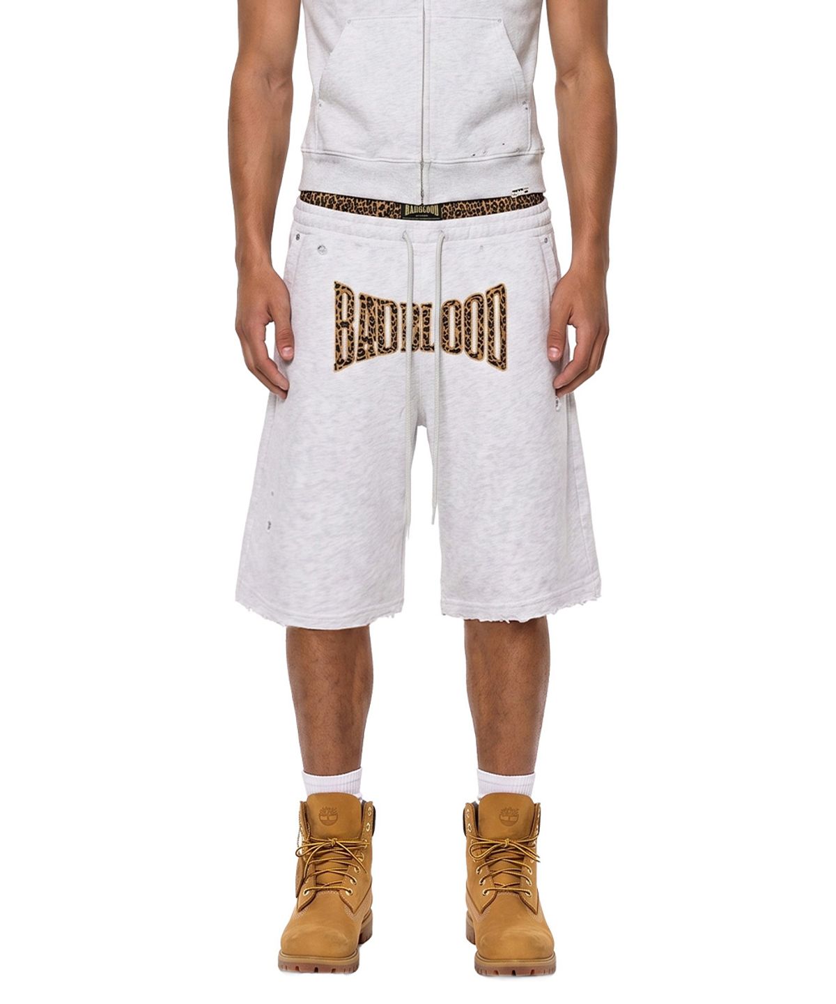 배드블러드(BADBLOOD) 커브드 로고 복서 레이어드 스웨트 버뮤다 쇼츠 - 레오파드 멜란지
