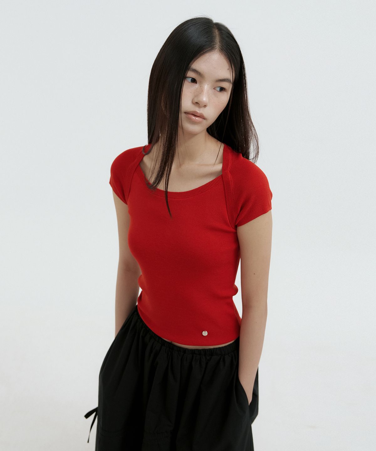 루시르주(LUCIR ZU) Boatneck Bolero Knit Top (red)