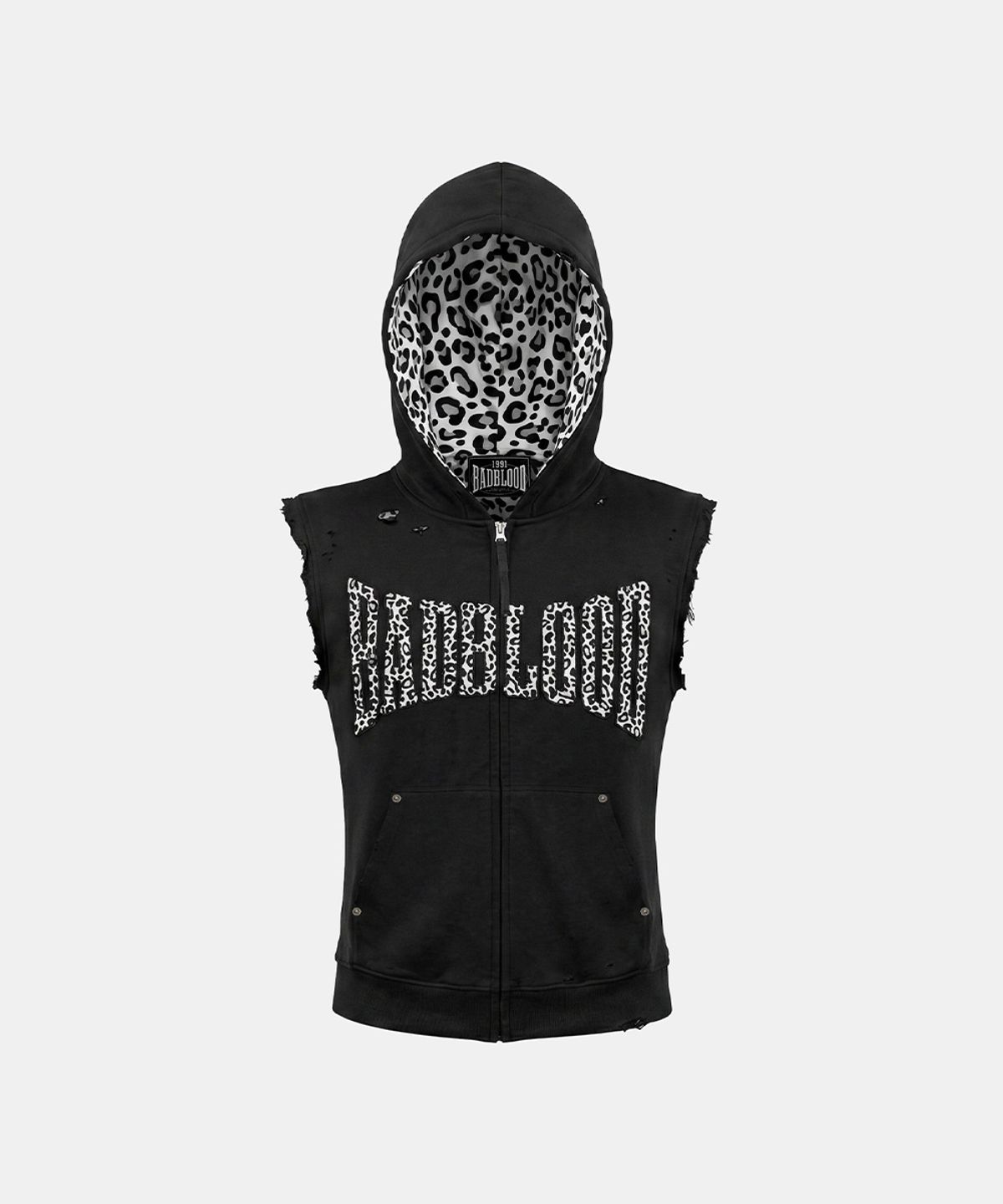 배드블러드(BADBLOOD) 커브드 로고 슬리브리스 후드 집업 - 레오파드 블랙
