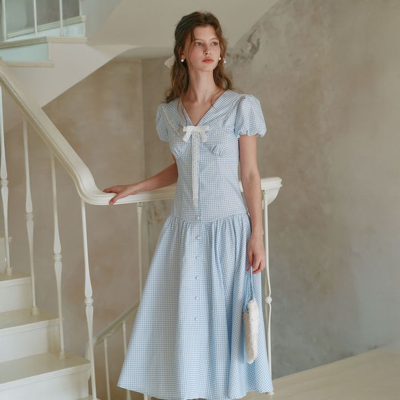 Cest_Gingham puff sleeve shirt dress