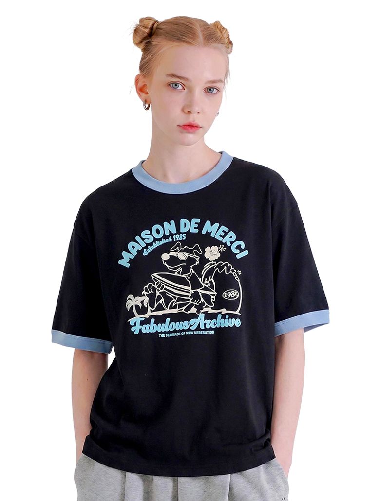 UNISEX 오버핏 퍼피서핑 링거 반소매 티셔츠 블랙블루(FCE2TS401M)