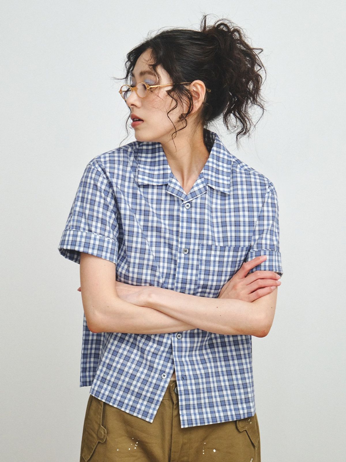 플리즈프로젝트(PLZPROJECT) CHECK CINCH-BACK HALF SHIRT, BLUE