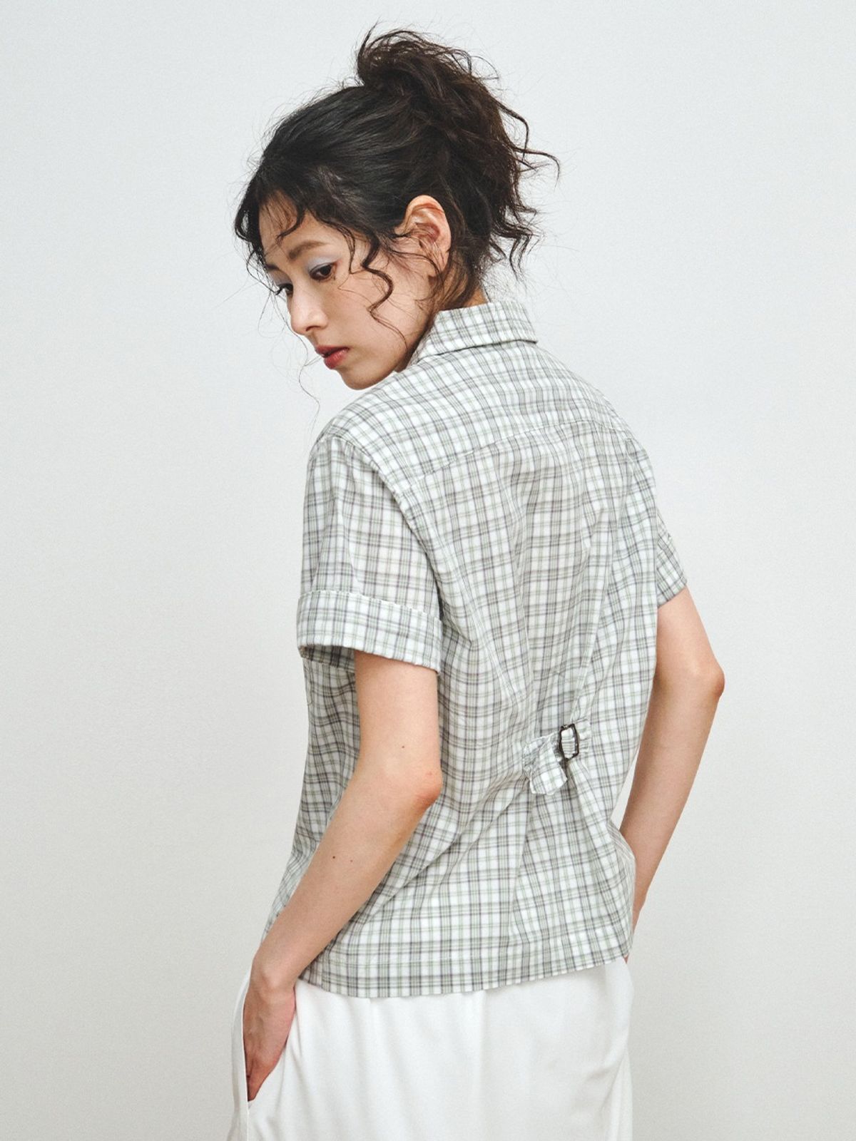 플리즈프로젝트(PLZPROJECT) CHECK CINCH-BACK HALF SHIRT, GREEN