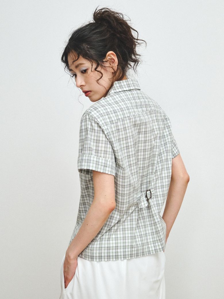 CHECK CINCH-BACK HALF SHIRT, GREEN