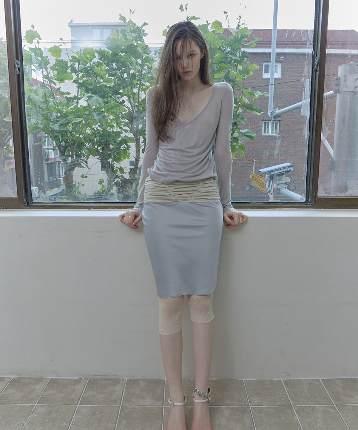 필세(PHILCE) Shirring Satin Midi Skirt, Sky Blue