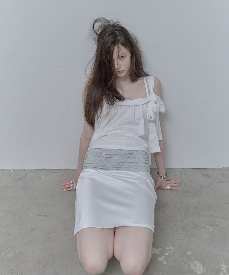 Shirring Satin Midi Skirt, White