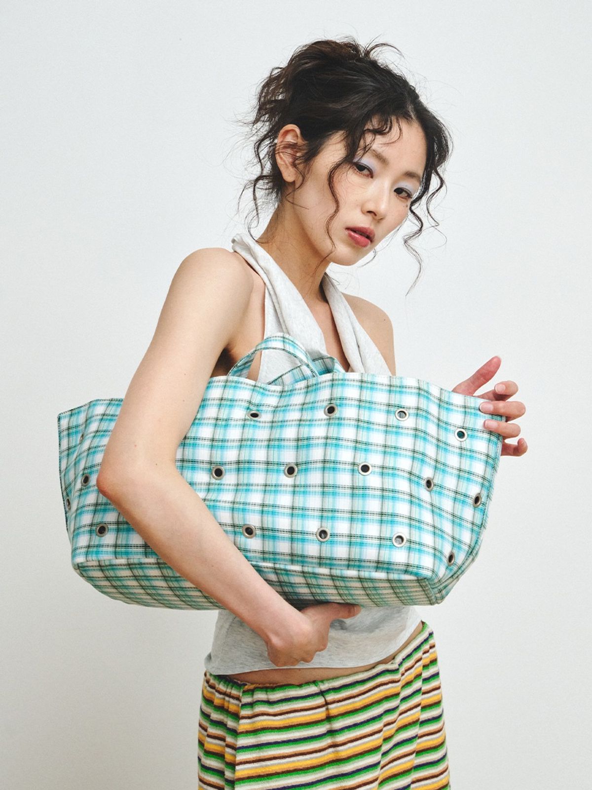 플리즈프로젝트(PLZPROJECT) FREAKY EYELET SHOPPER BAG, GREEN CHECK