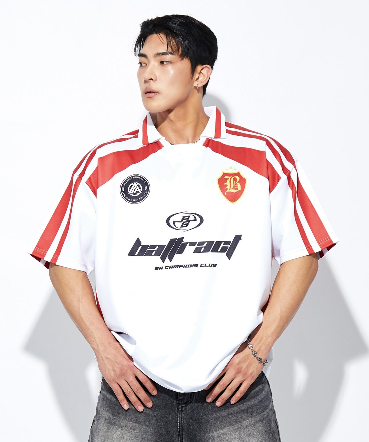 베트랙트(BATTRACT) 카라 풋볼 오버핏 반팔 져지_블랙(레드)