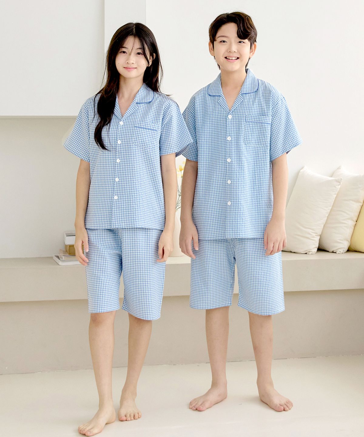 핑코코(PINGCOCO) 2083 블루체크 반팔 주니어 잠옷 파자마세트