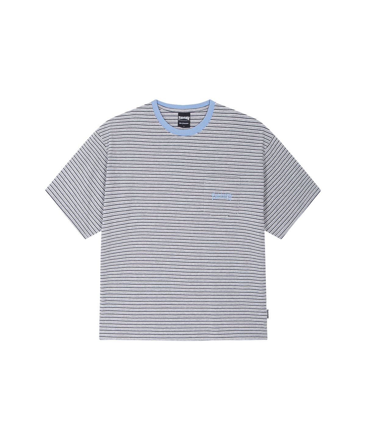 트레셔(THRASHER) 스트라이프 플레임 포켓 티셔츠 멜란지그레이