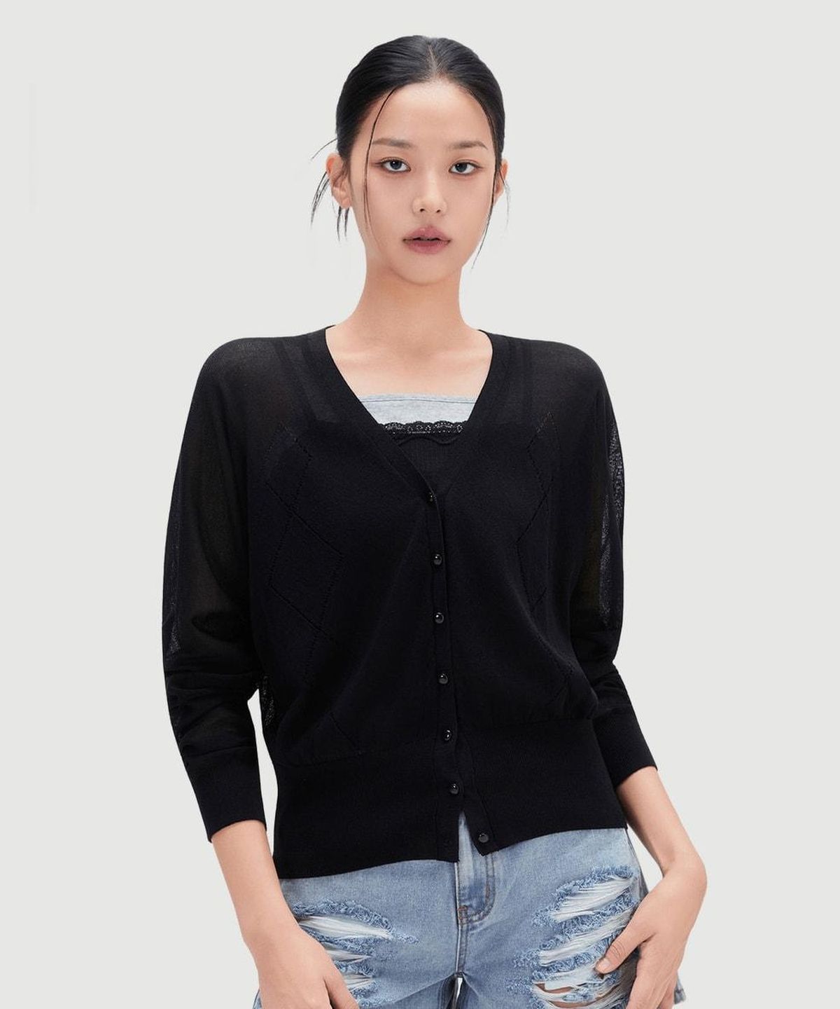 미쏘(MIXXO) V넥 시스루 긴팔 가디건_MIWCKG615T