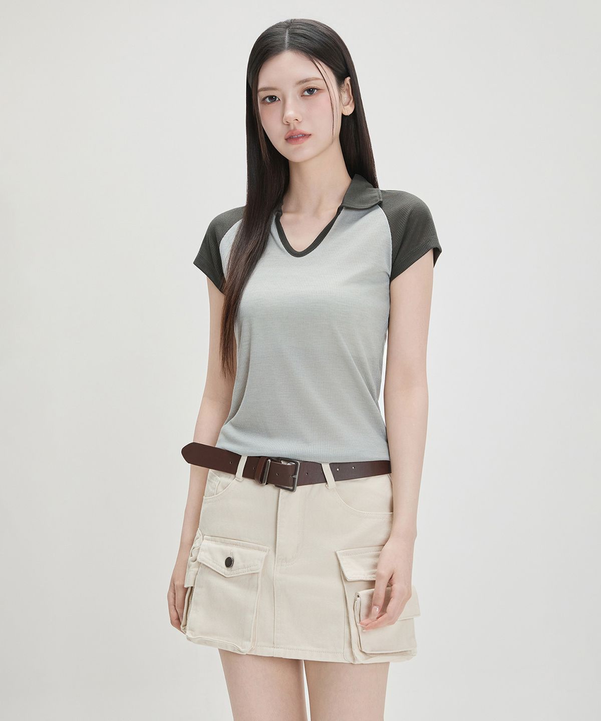 미쏘(MIXXO) 카라넥 배색 티셔츠 RE LWG439A_MIWHWG75QA