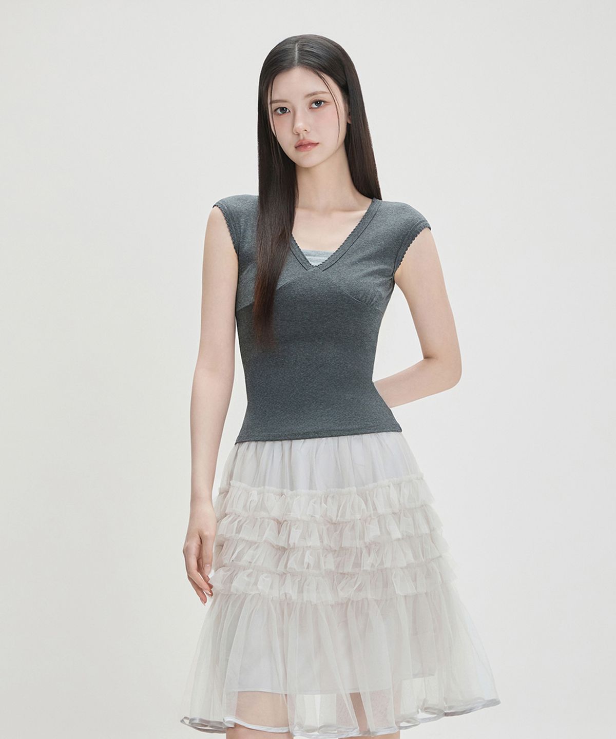 미쏘(MIXXO) 레이스 캡소매 티셔츠 RE HWG49SS_MIWHWG71QS