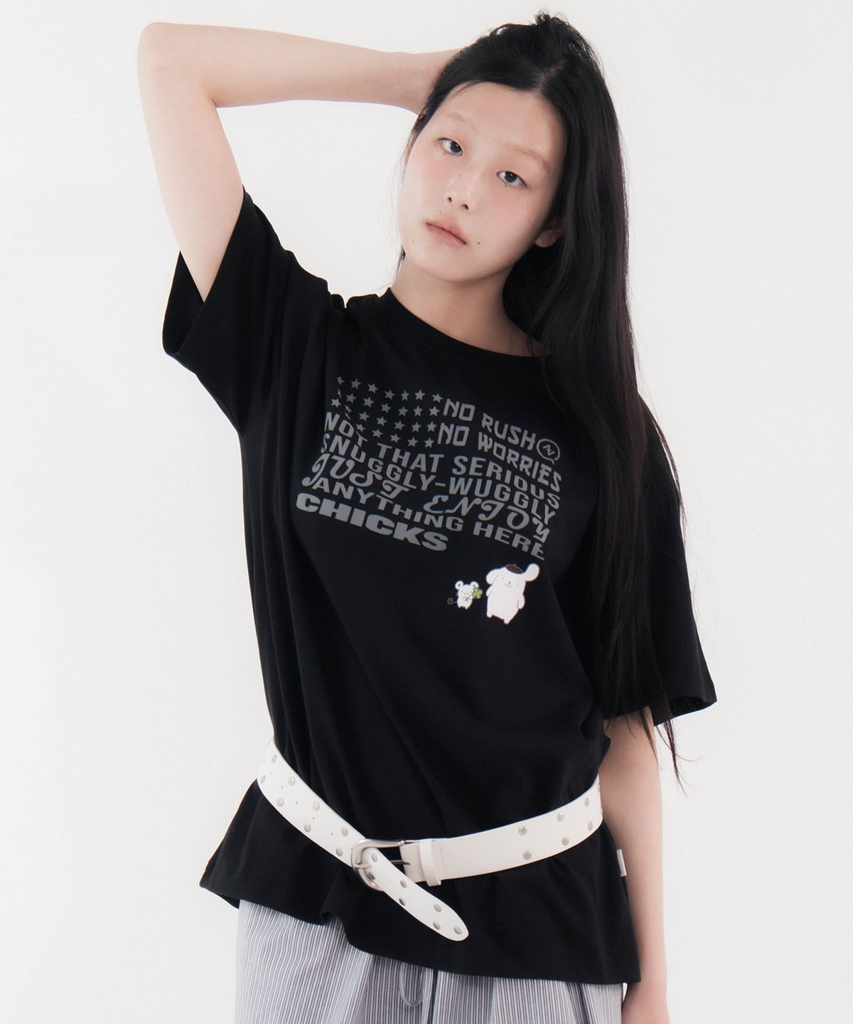 칙스(CHICKS) 폼폼푸린 워글리 오버 반팔 티셔츠 블랙