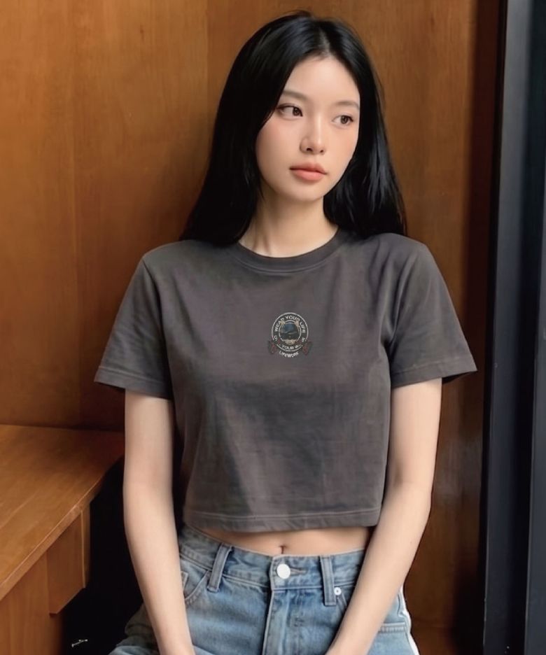 여성) 빈티지 플라워 힙독 크롭 반팔 티셔츠