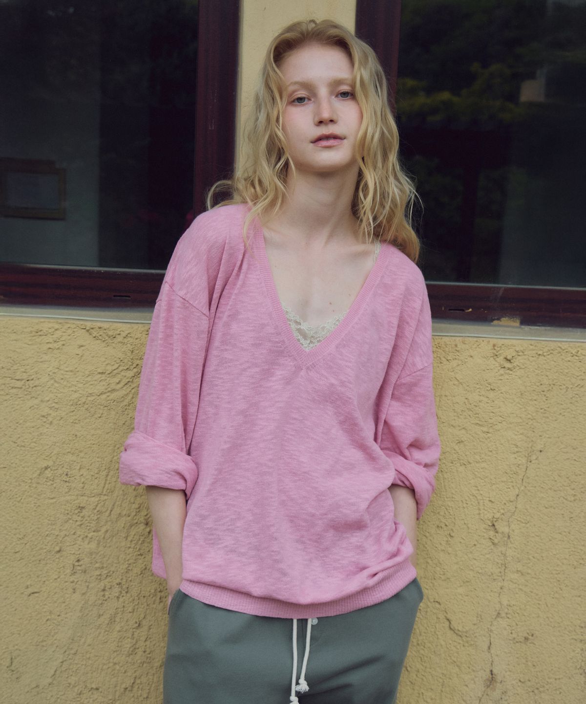 씨타(CITTA) Slub Deep V-neck Knit_CTK270(Pink)