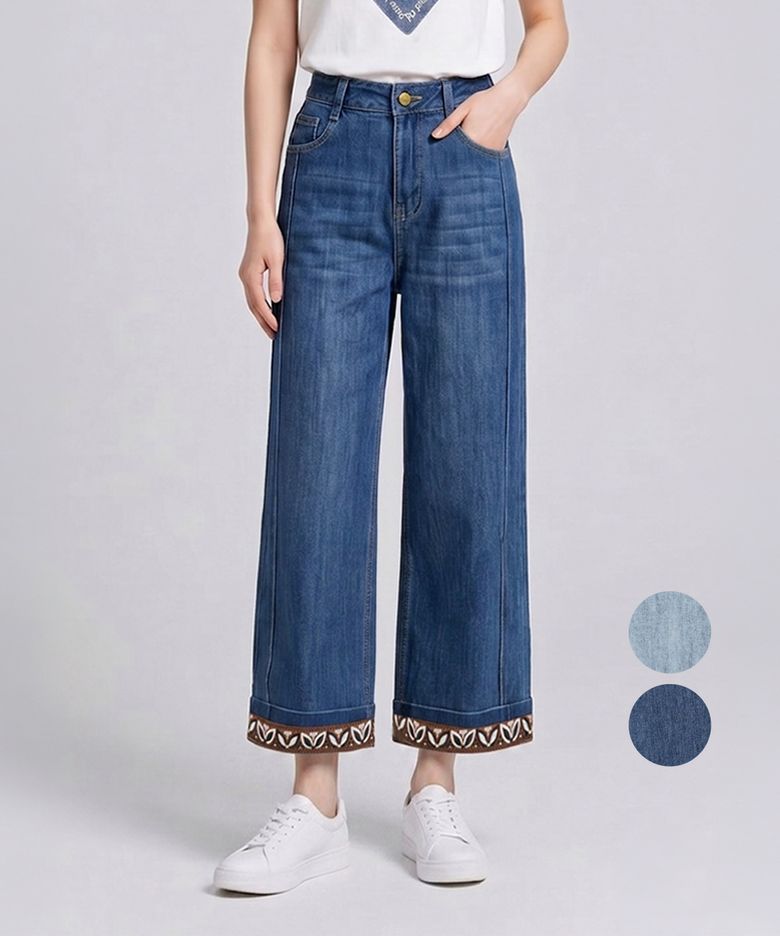 봄가을 밑단 자수 9부 스판 여성 와이드 청바지 DQSLJN70