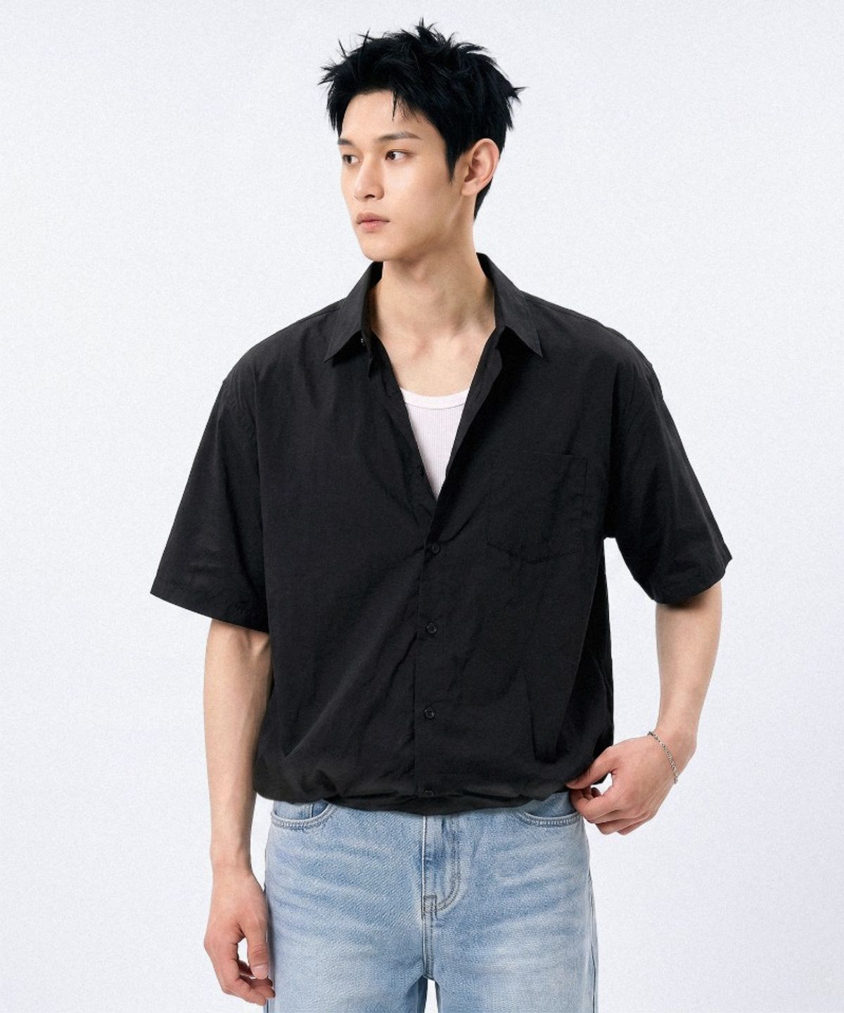 언더오프(UNDEROFF) 밴딩 풀오버 나일론 하프 셔츠 블랙