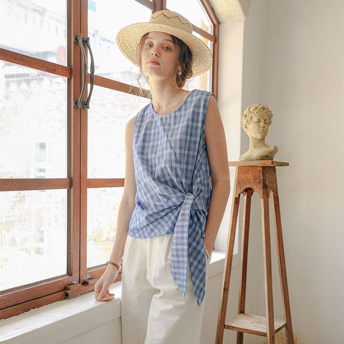 프라우드 마리(PROUD MARY) PM_Blue gingham wrap sleeveless top