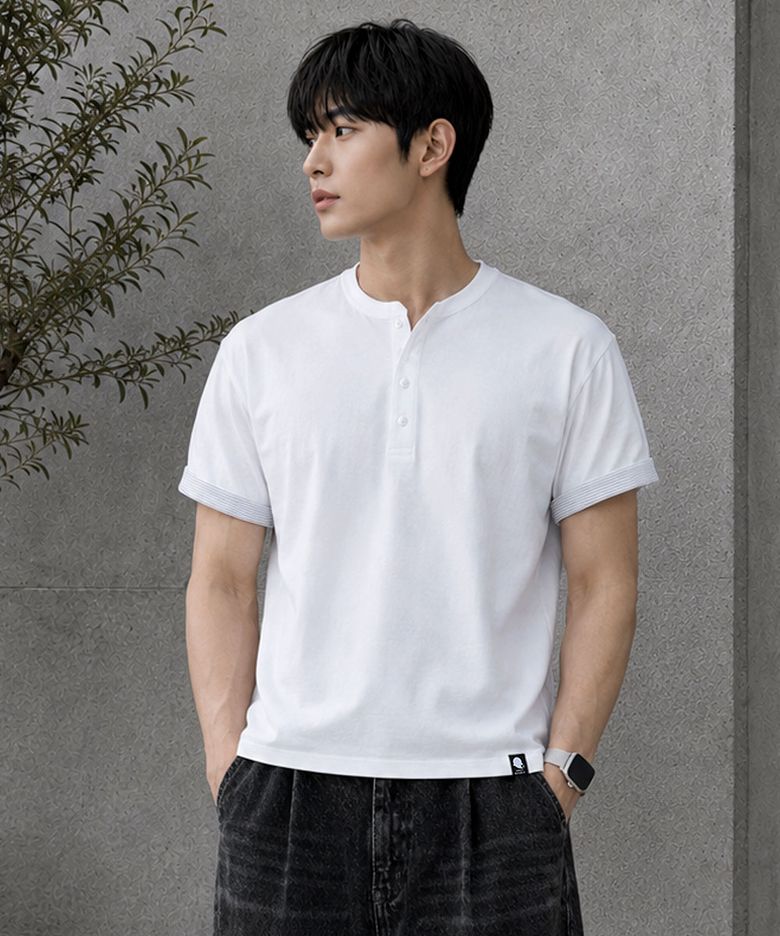 크롭 스트라이프 배색 롤업 헨리넥 반팔티 GT-393_화이트