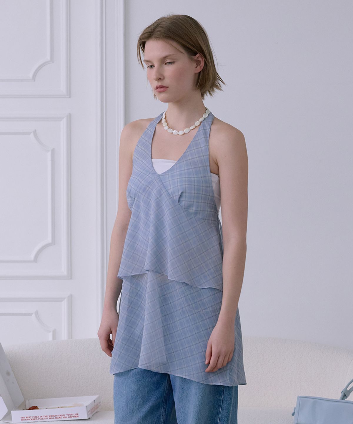 애프터아워즈(AFTERHOURS) CHIFFON LAYERED HALTER DRESS (BLUE)