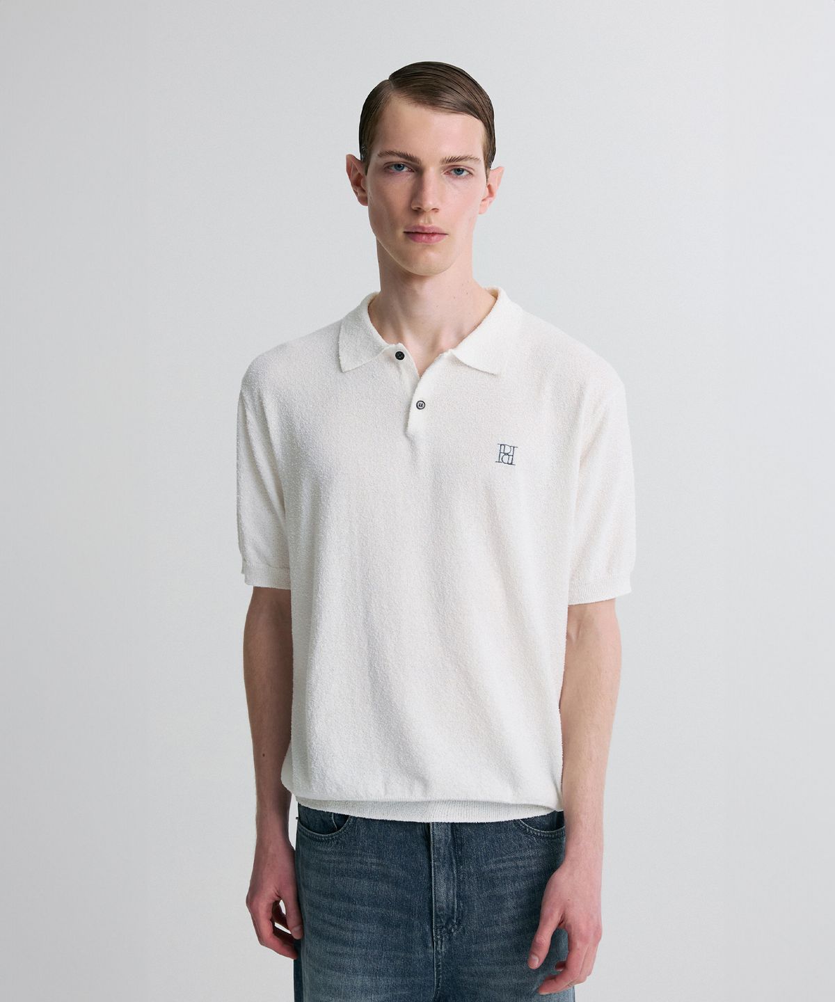 리이 맨(RERHEE MEN) BOUCLE KNIT POLO SHIRT WHITE