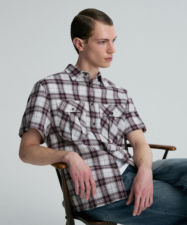 ROLL-UP SLEEVE CHECK SHIRT WINE