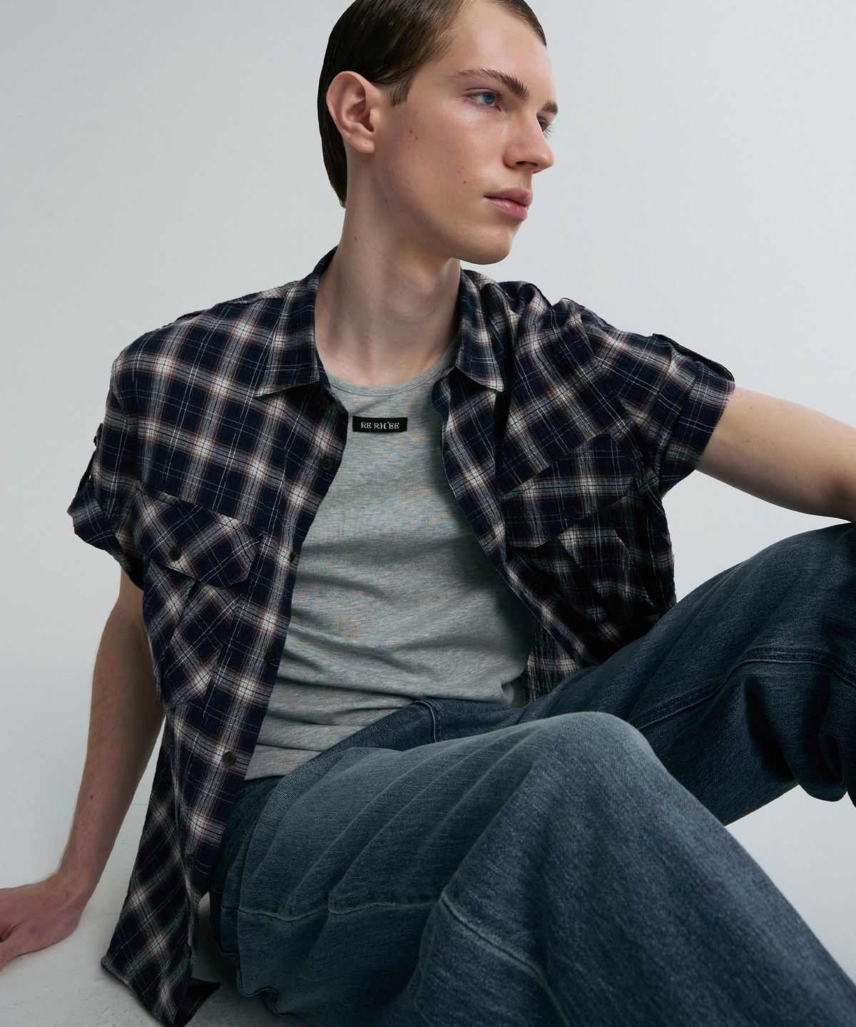 리이 맨(RERHEE MEN) ROLL-UP SLEEVE CHECK SHIRT NAVY