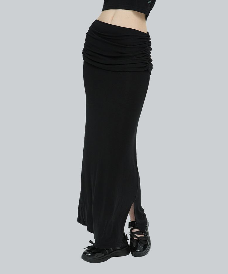 Ruched Waist Long Skirt (Black)