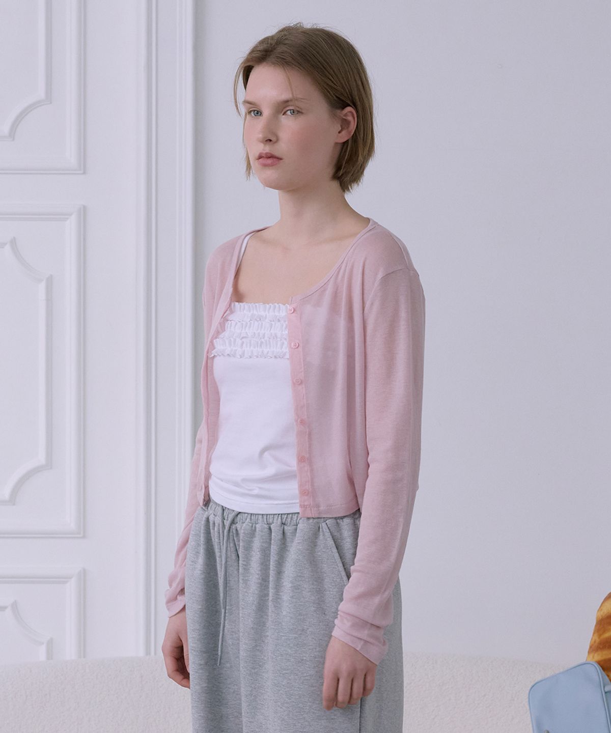 애프터아워즈(AFTERHOURS) SHEER LINE PANEL CARDIGAN (PINK)