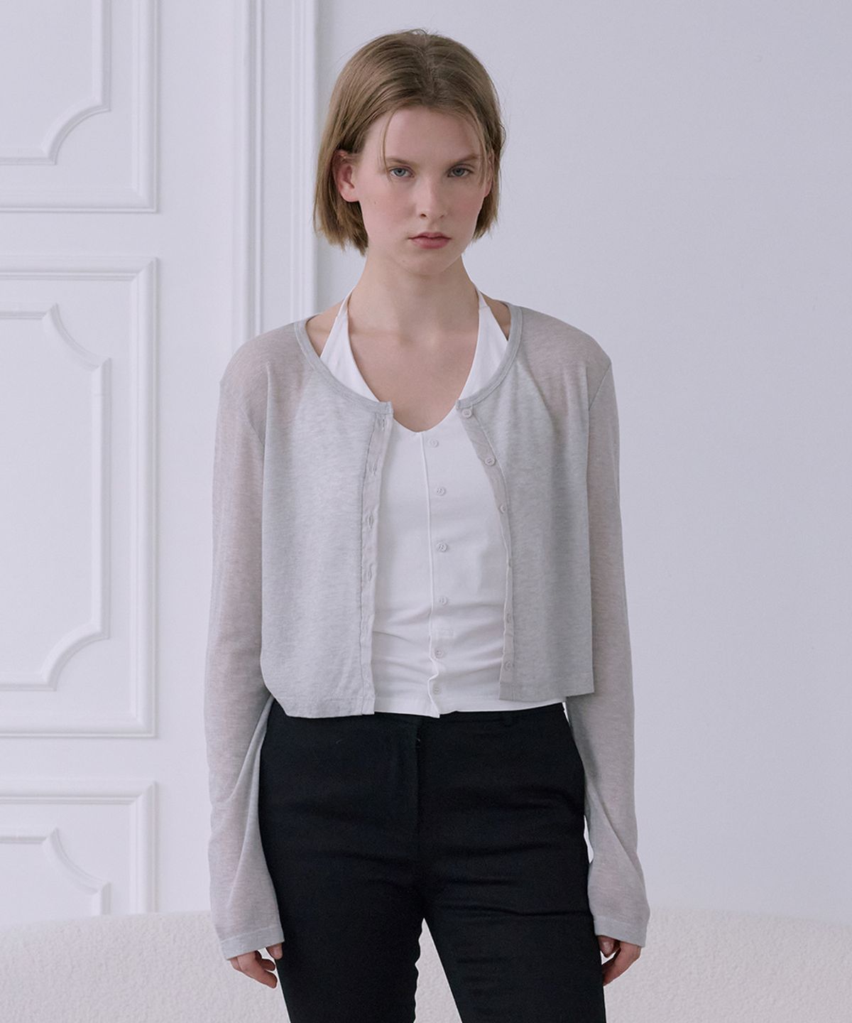 애프터아워즈(AFTERHOURS) SHEER LINE PANEL CARDIGAN (LIGHT GREY)