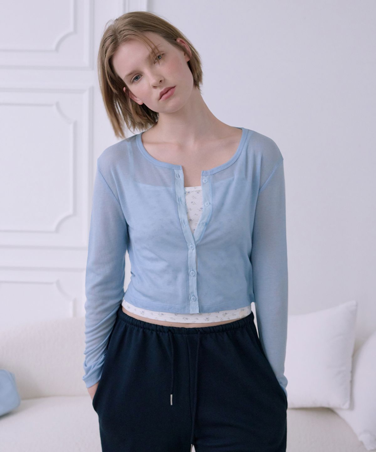 애프터아워즈(AFTERHOURS) SHEER LINE PANEL CARDIGAN (LIGHT BLUE)