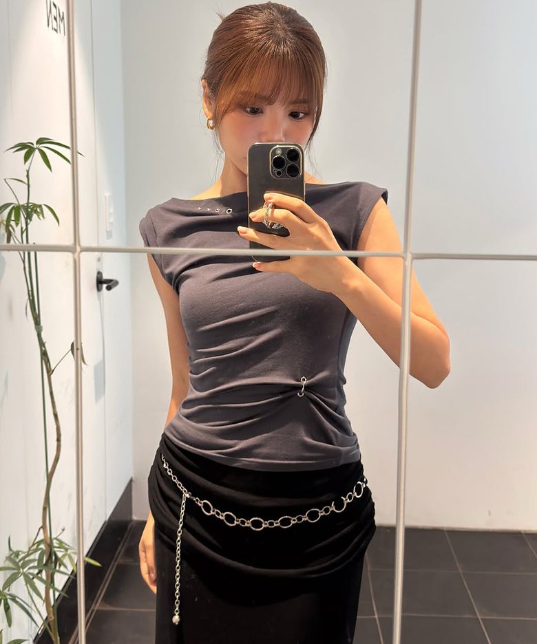 One-Shoulder Eyelet Sleeveless Top (Charcoal)