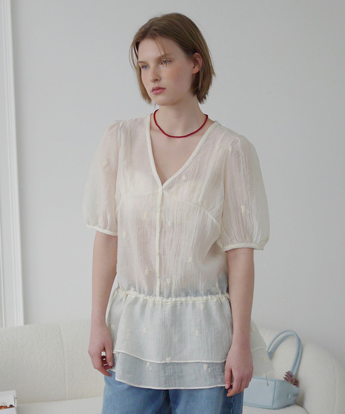 애프터아워즈(AFTERHOURS) FLORAL SHEER LAYERED DRESS (IVORY)