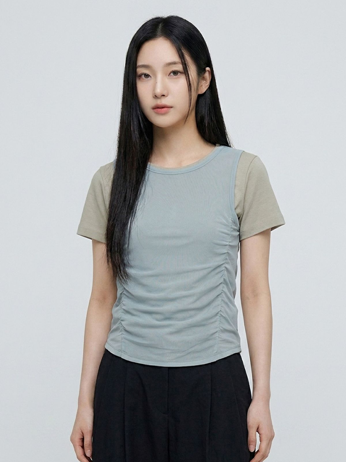 행텐(HANGTEN) 여성 셔링 레이어드 반팔 티셔츠_102(10570-131-416-69)