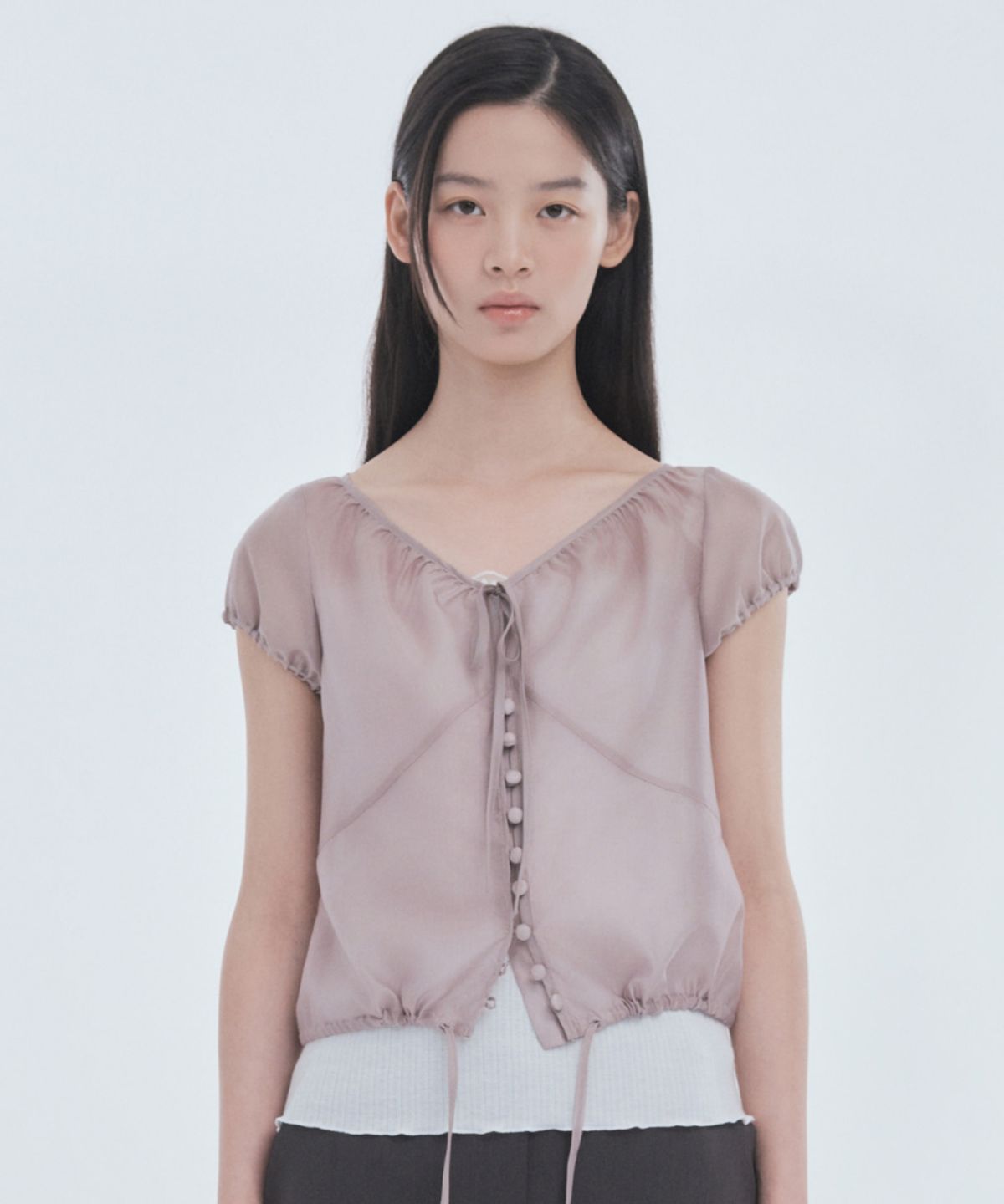 마우솔레움(MAU SOLEUM) Sheer Ribbon Tie Shirring Blouse - Grey