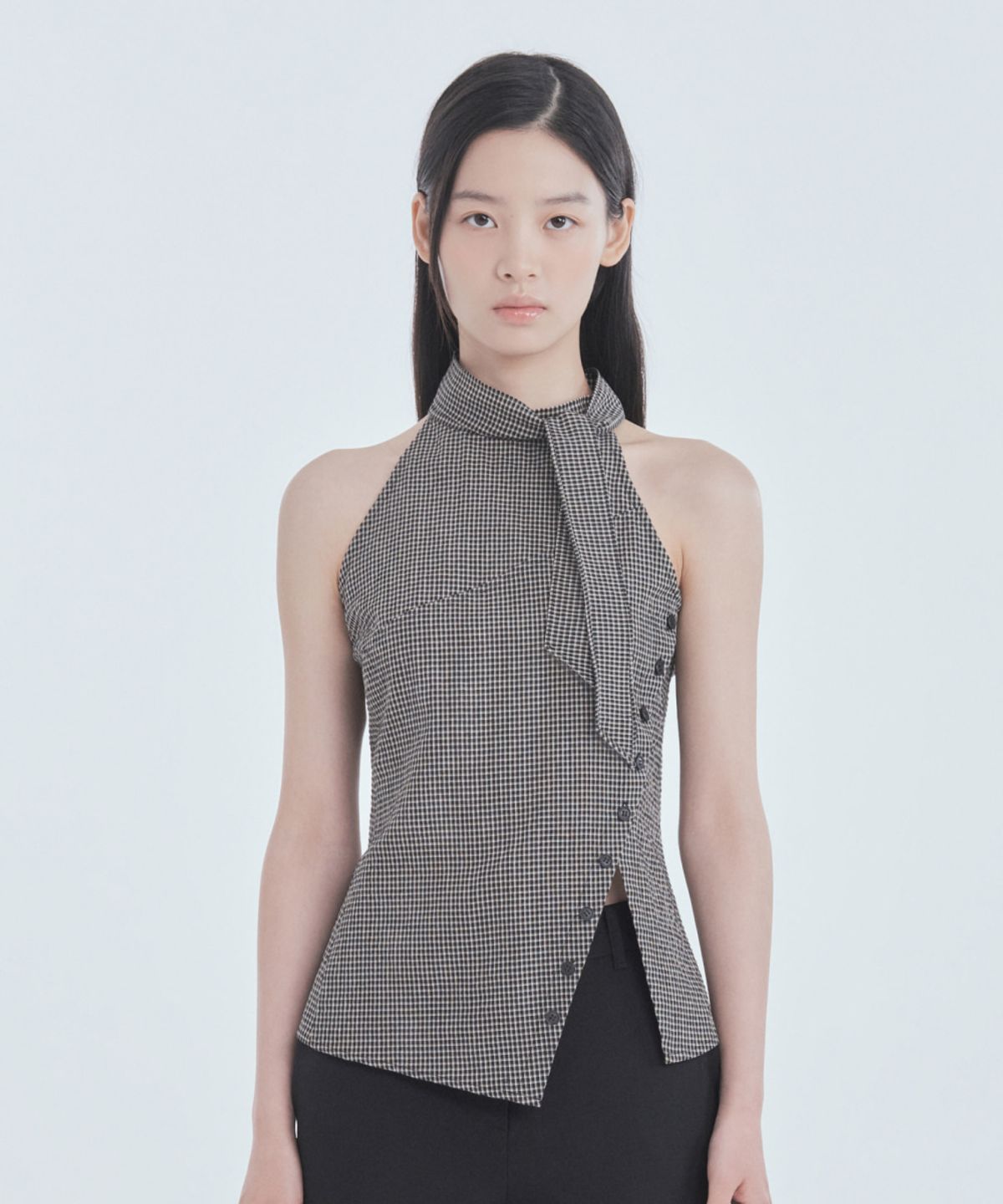 마우솔레움(MAU SOLEUM) Asymmetric Scarf Halter Neck Blouse - Black Check