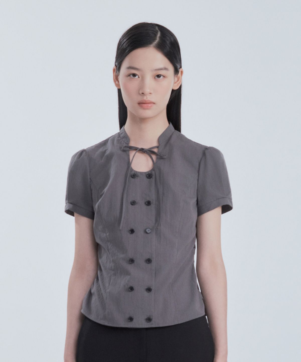 마우솔레움(MAU SOLEUM) String Tie Double Button Blouse - Grey