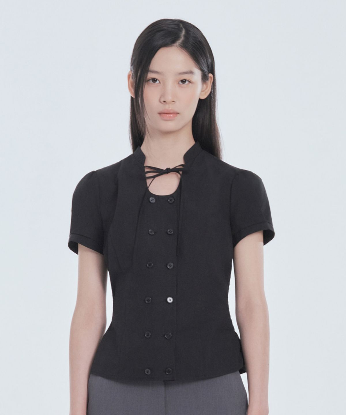 마우솔레움(MAU SOLEUM) String Tie Double Button Blouse - Black