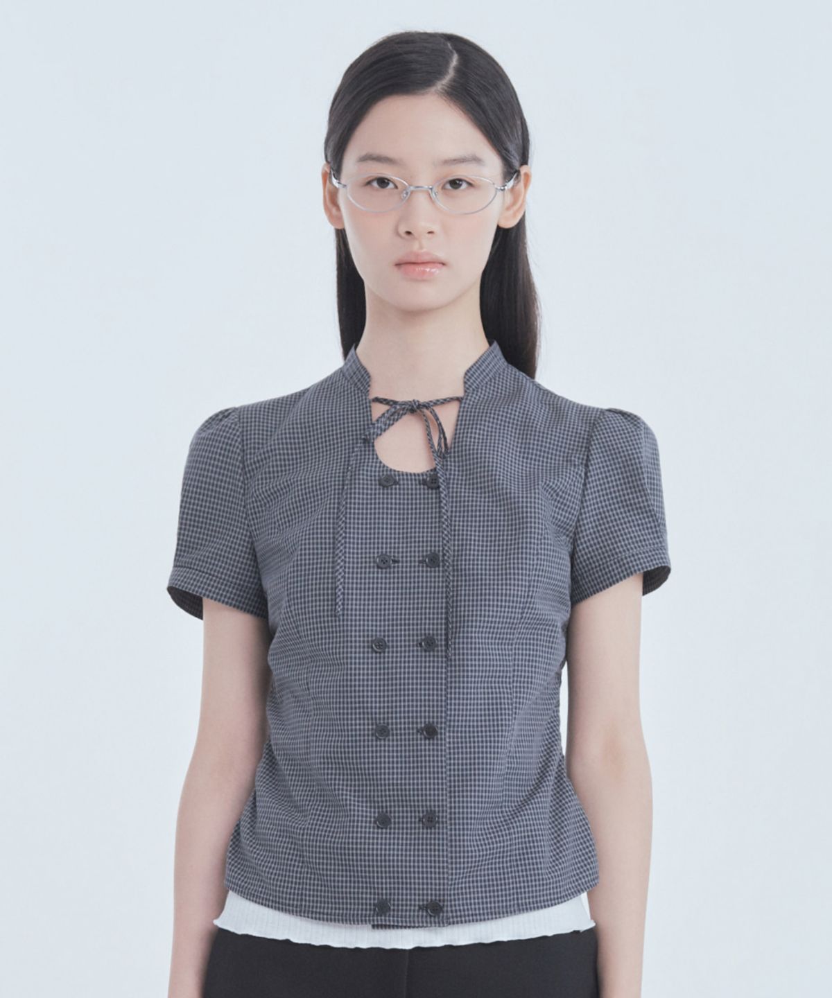 마우솔레움(MAU SOLEUM) String Tie Double Button Blouse - Check