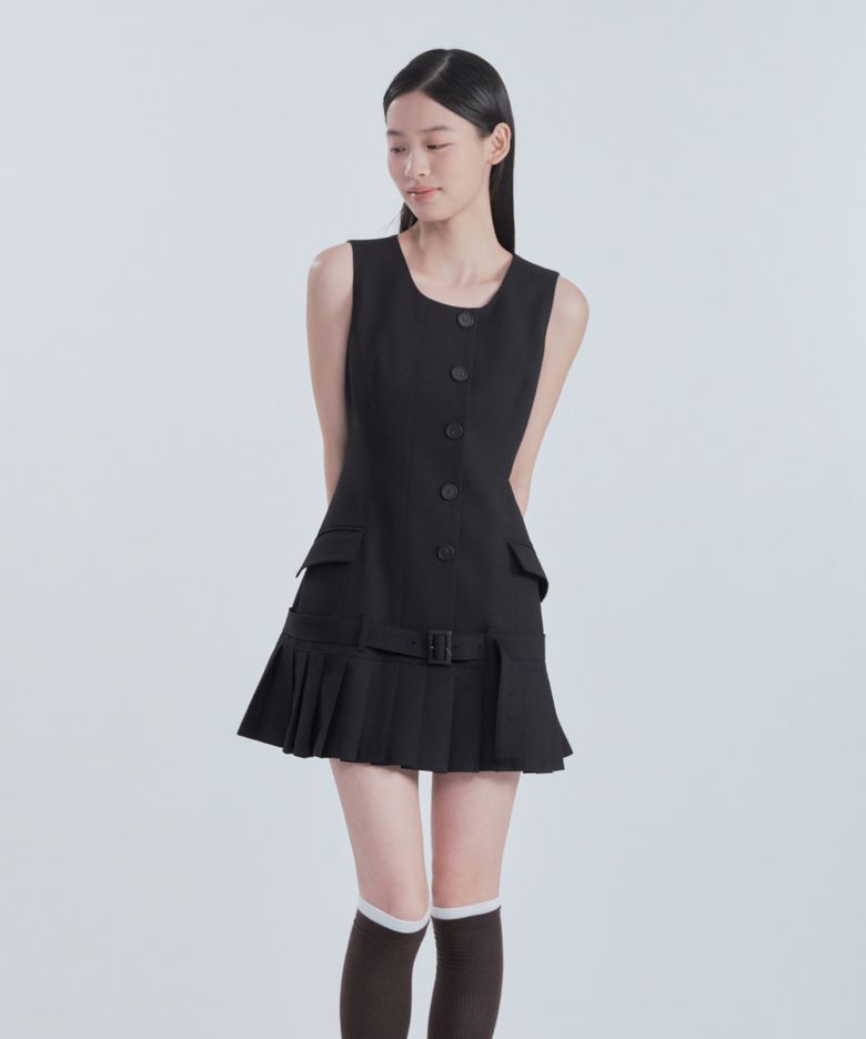 Sleeveless Pleated Suit Dress - Dark Navy