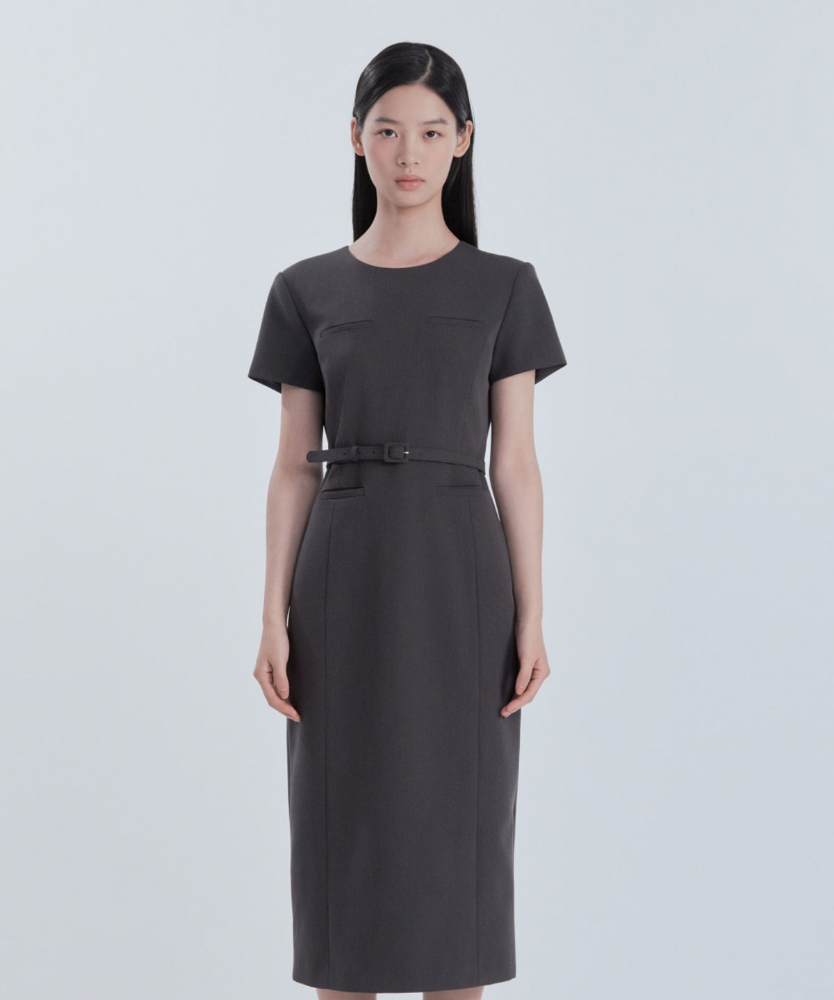 마우솔레움(MAU SOLEUM) Belted Round Neck Long Suit Dress - Charcoal