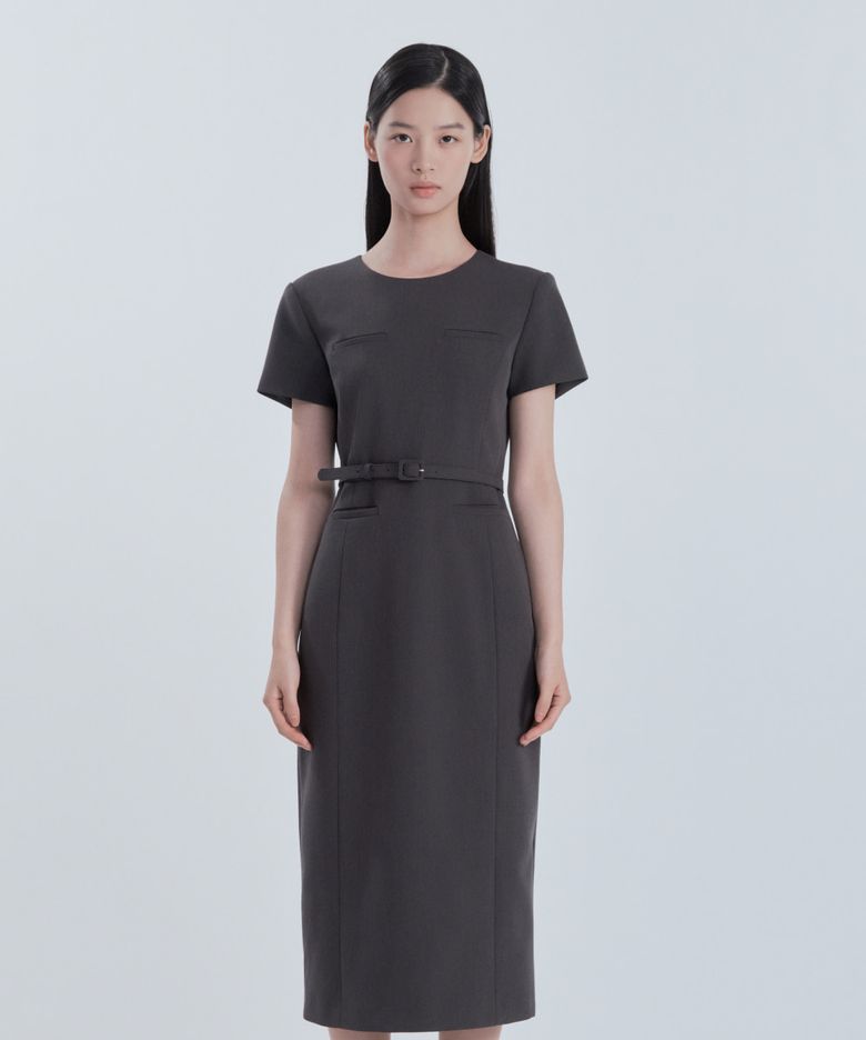 Belted Round Neck Long Suit Dress - Charcoal