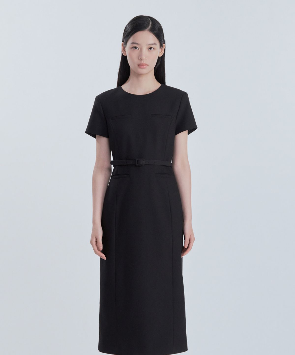 마우솔레움(MAU SOLEUM) Belted Round Neck Long Suit Dress - Black