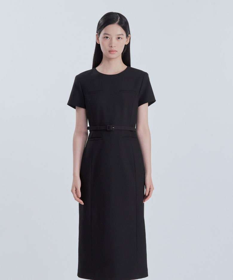 Belted Round Neck Long Suit Dress - Black